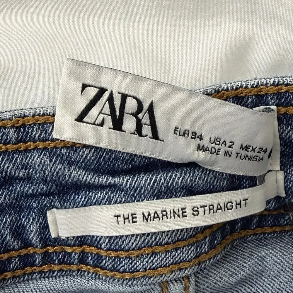 Zara Jeans Womens 2 Blue The Marine Straight Raw Hem High-Rise Wide Leg Boho - Picture 2 of 9